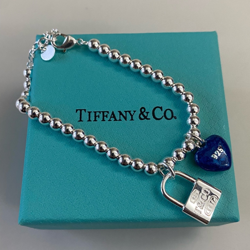 Tiffany & Co. Silver Bracelet with Blue Heart and Lock